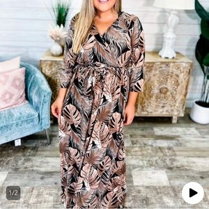 Vision Leaf Print Long Maxi Wrap Dress with Waist Tie Black Women’s Large NWT